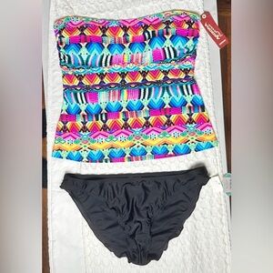 Convertible Bandeau Swimsuit Colorful Print Tankini Cheeky Ruffle Bikini Bottom